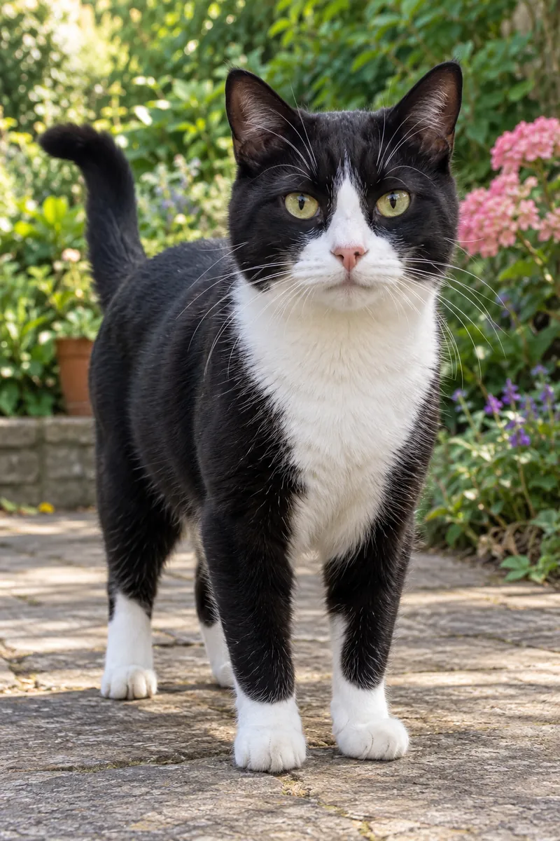 The same black and white cat in an everyday garden photo