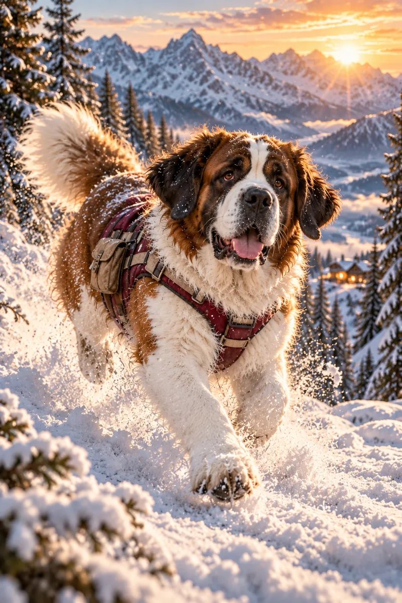 Alpine Rescue Legend: a dog in a cinematic movie scene