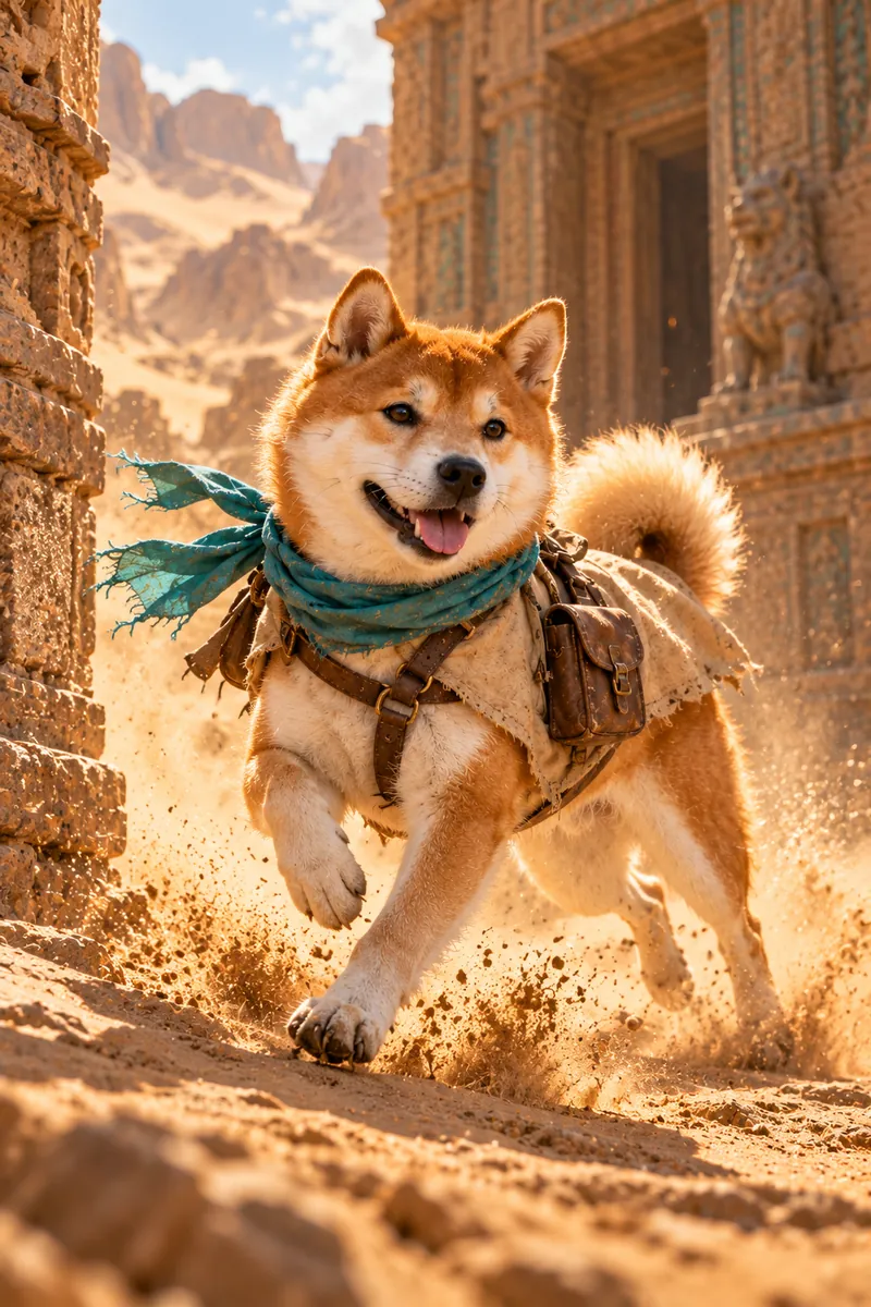Sands of Adventure: a dog in a cinematic movie scene