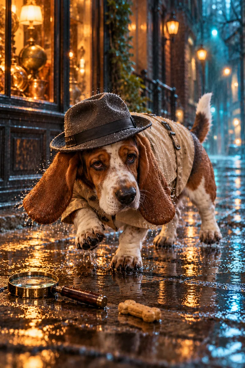 The Biscuit Detective: a dog in a cinematic movie scene