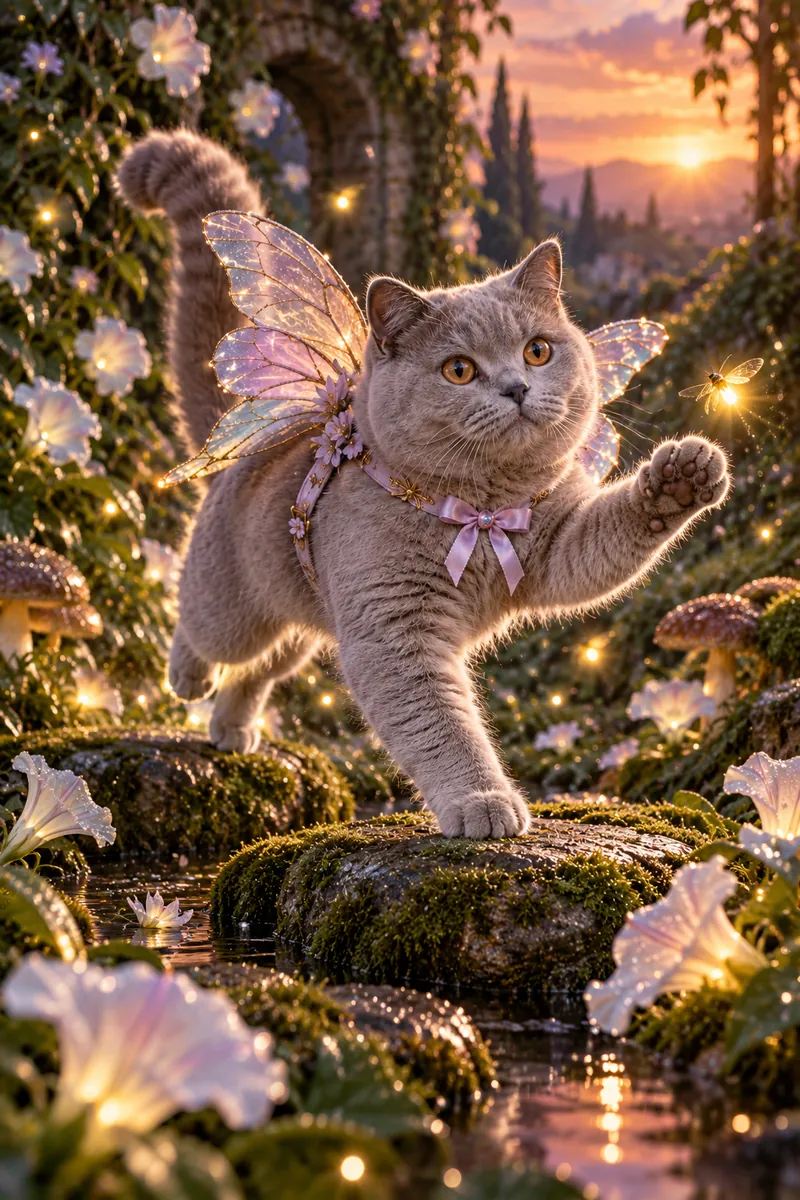 Moonflower Fairy: a cat in a cinematic movie scene