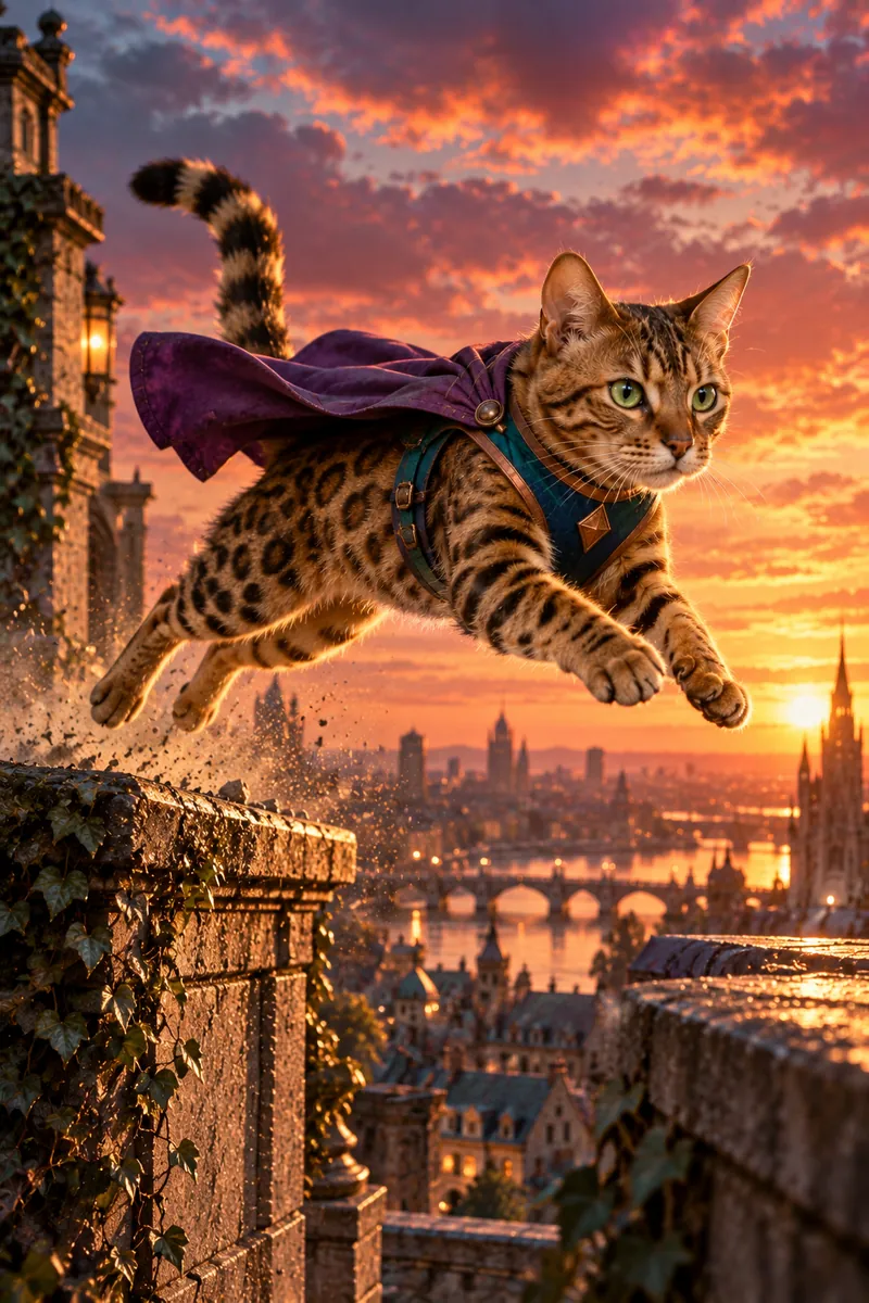 Rooftop Comet: a cat in a cinematic movie scene