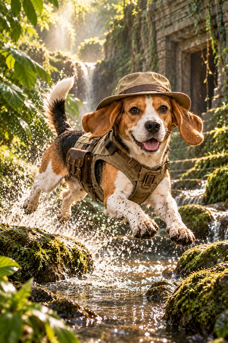 Temple Trail Explorer: a dog in a cinematic movie scene