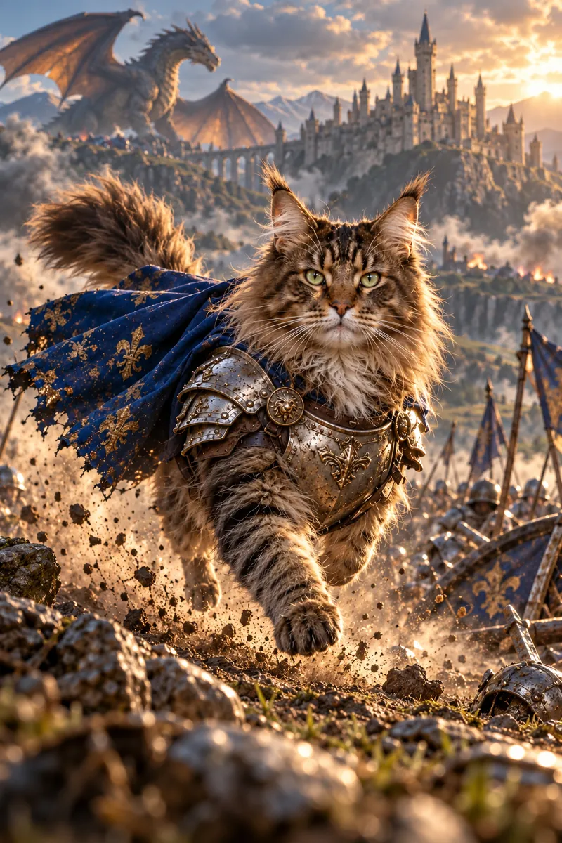Lionheart Knight: a cat in a cinematic movie scene