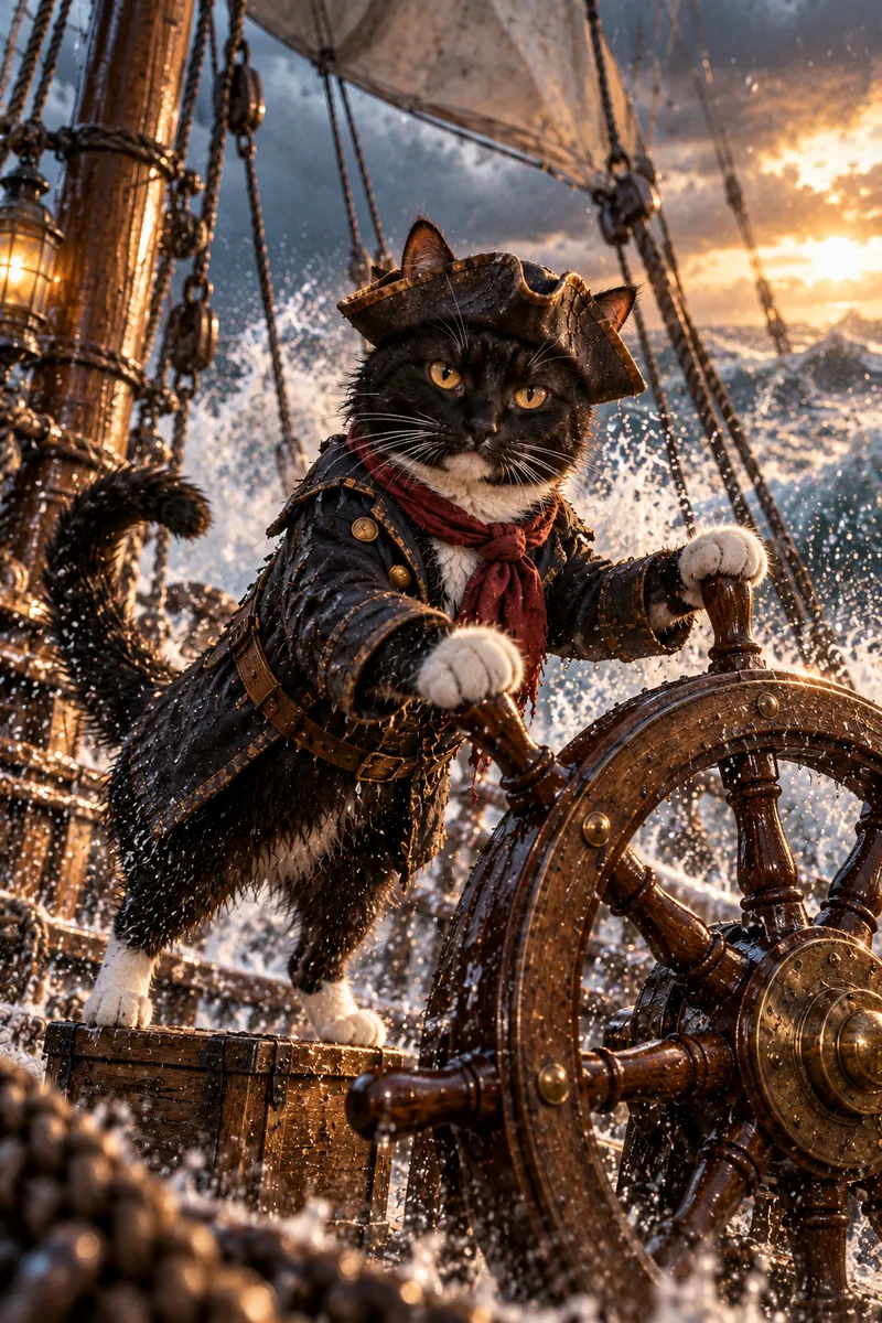 Captain Whiskers: a cat in a cinematic movie scene