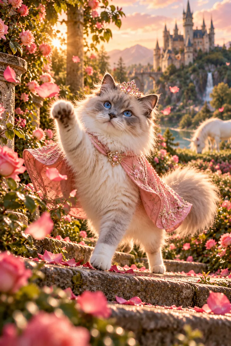 Petal Princess: a cat in a cinematic movie scene
