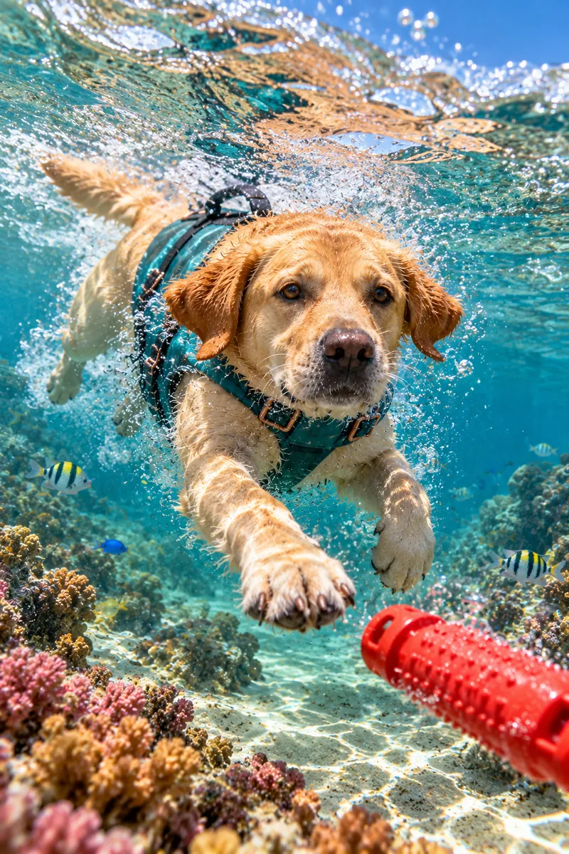 Reef Diver: a dog in a cinematic movie scene