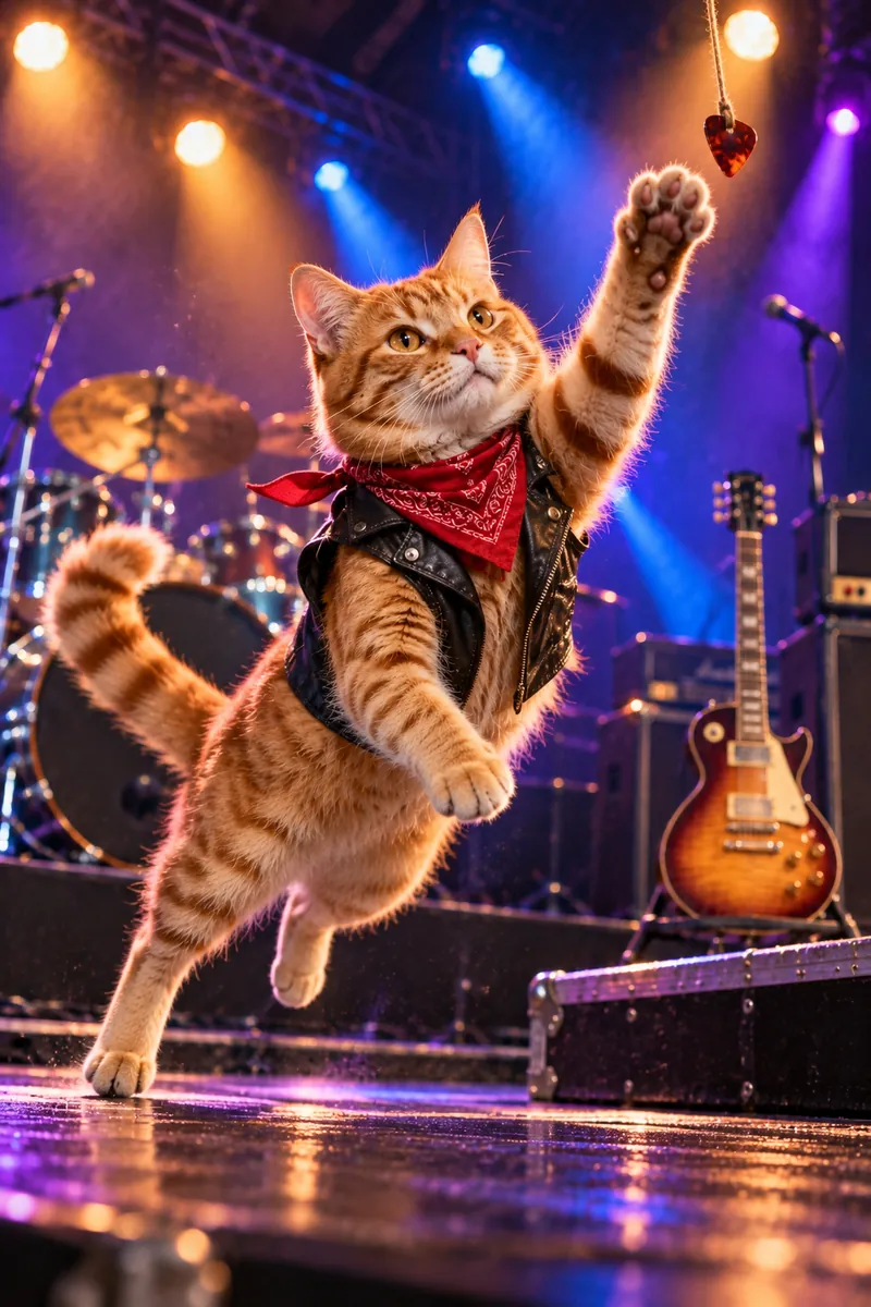 Backstage Rockstar: a cat in a cinematic movie scene