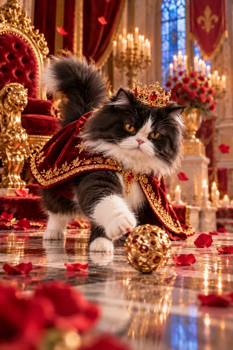 King of the Cushion: a cat in a cinematic movie scene