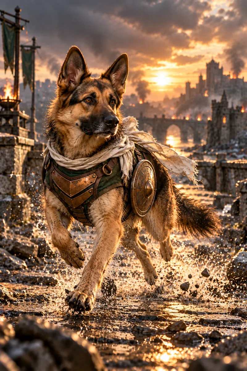 Bridge Guardian: a dog in a cinematic movie scene