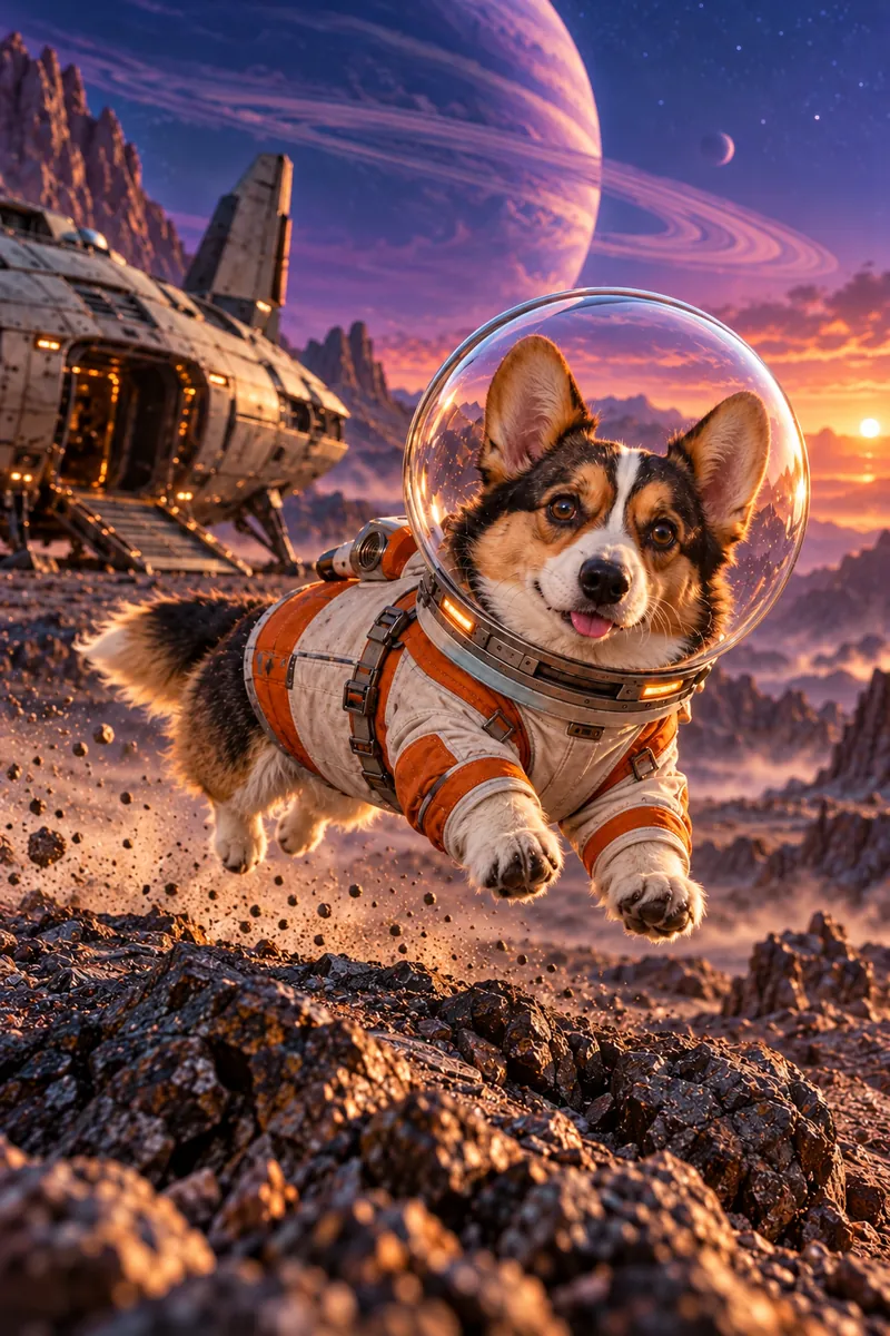 Cosmic Explorer: a dog in a cinematic movie scene