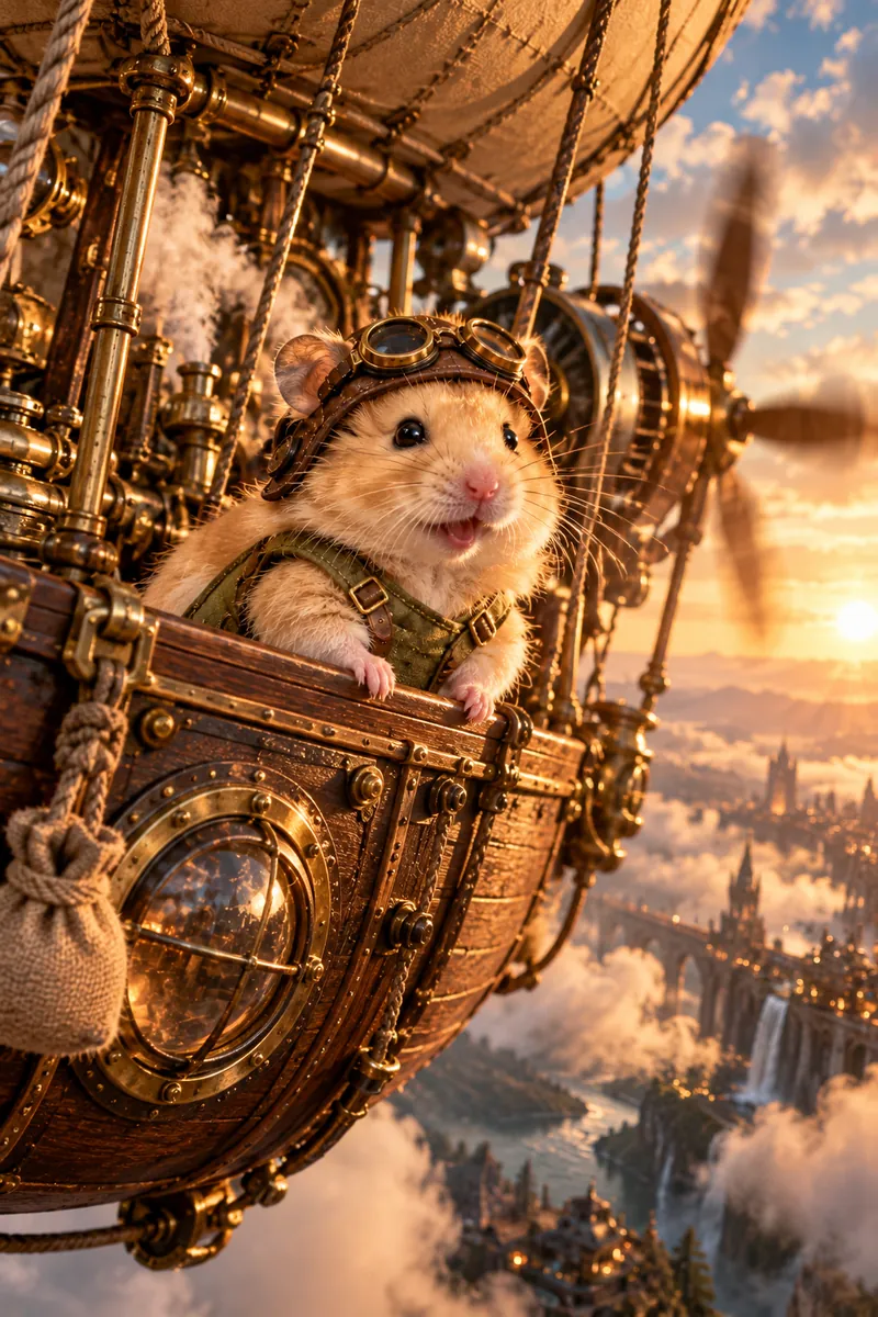 Clockwork Aviator: a hamster in a cinematic movie scene