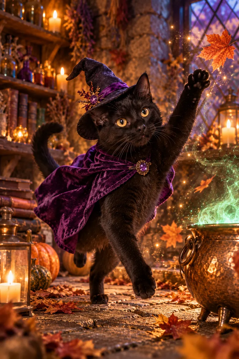 Little Midnight Witch: a cat in a cinematic movie scene