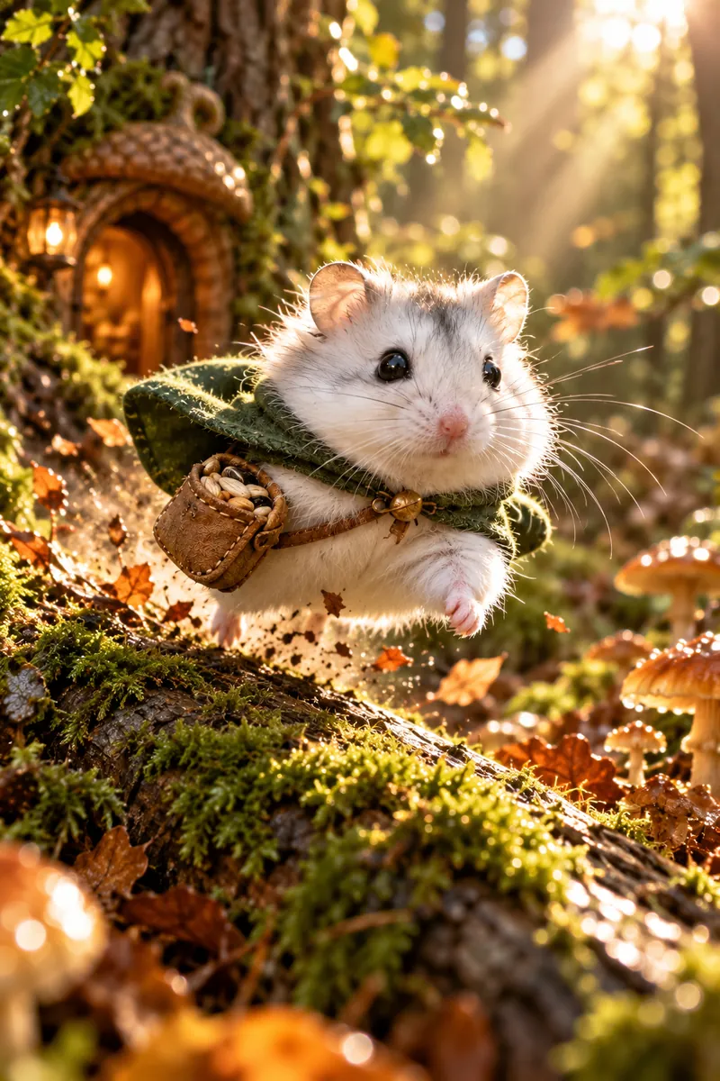 Acorn Trail Ranger: a hamster in a cinematic movie scene