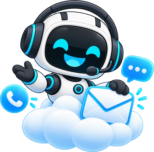 The NexusHub robot with a headset, waving from a cloud with a message and a phone