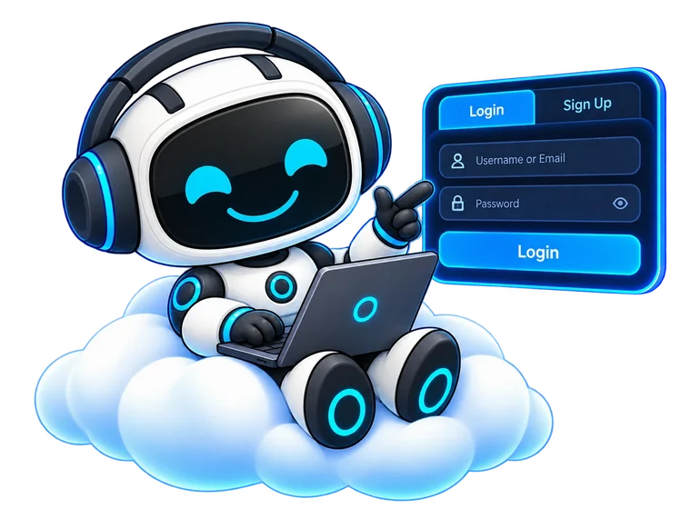 Nexus the robot pointing at a login box