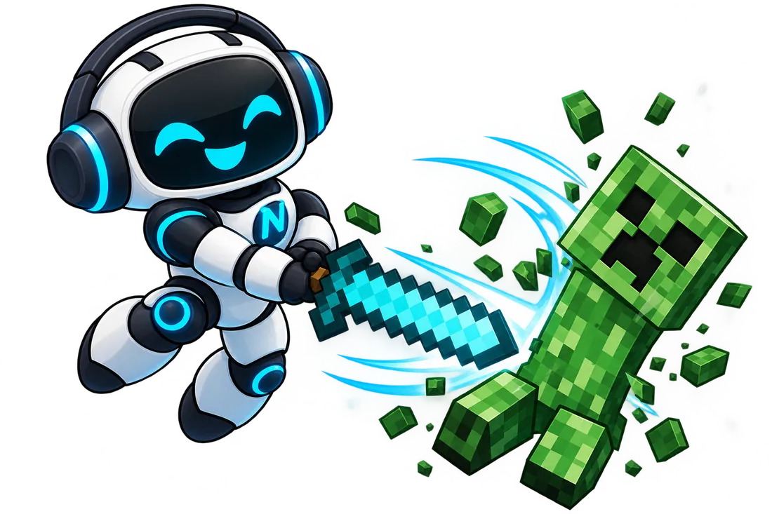 Nexus swinging a diamond sword at a creeper