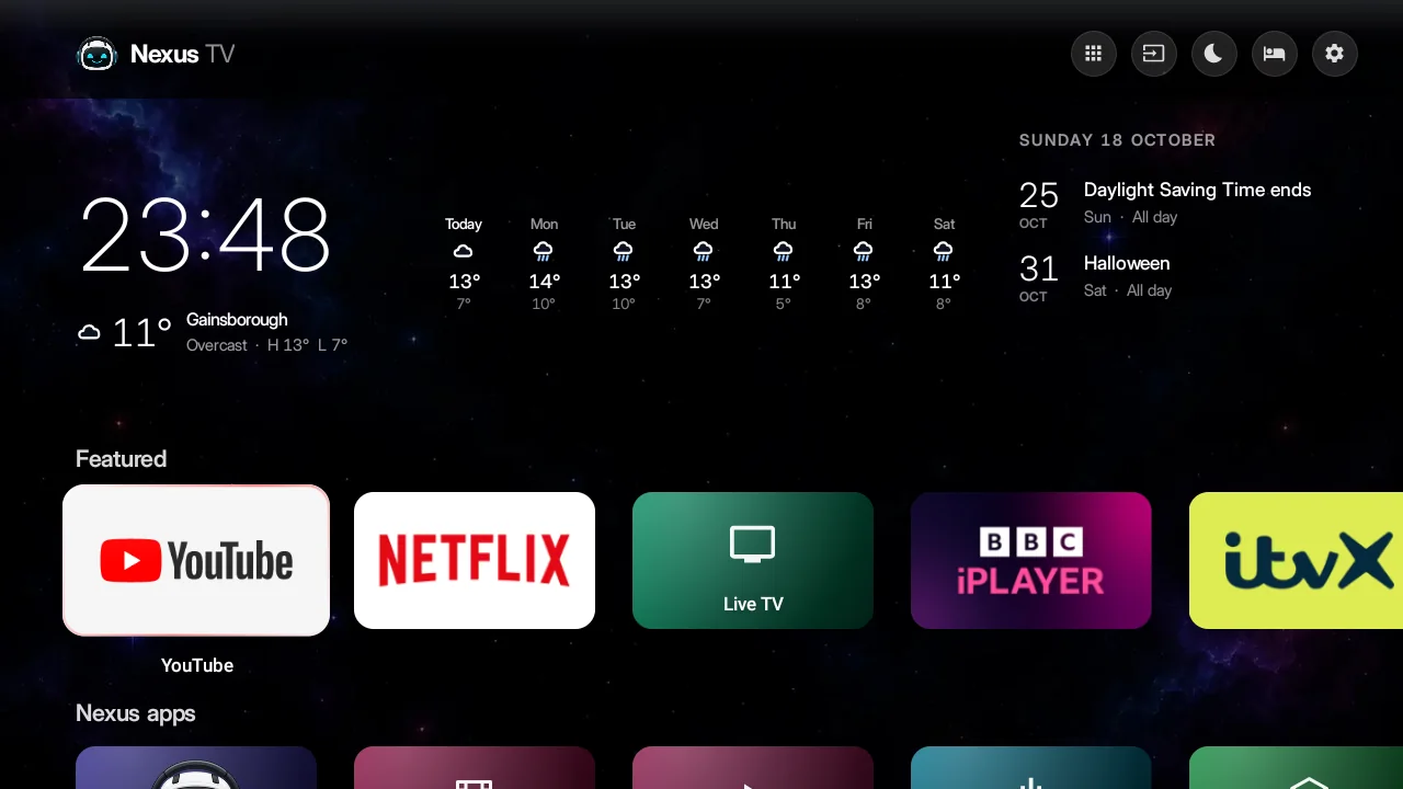 Nexus TV home screen: clock, weather for the week, calendar and Featured apps