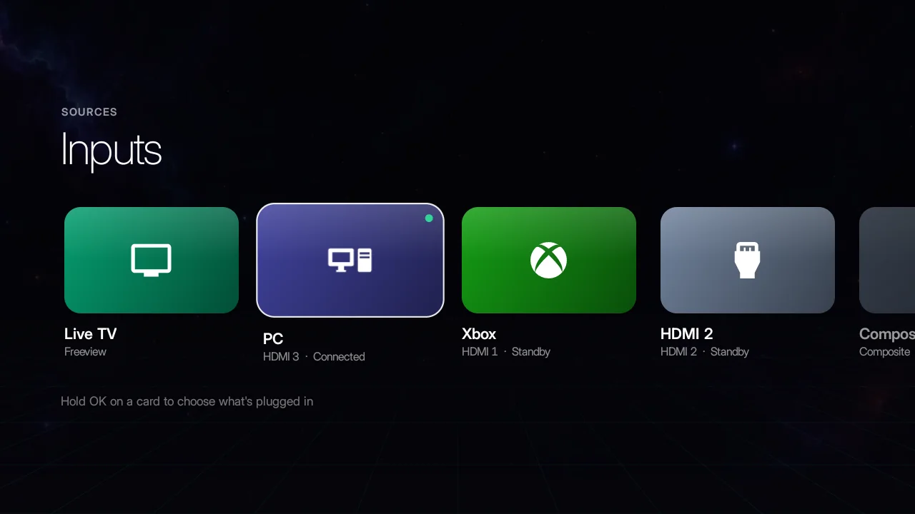 The Inputs screen with Live TV, PC and Xbox cards