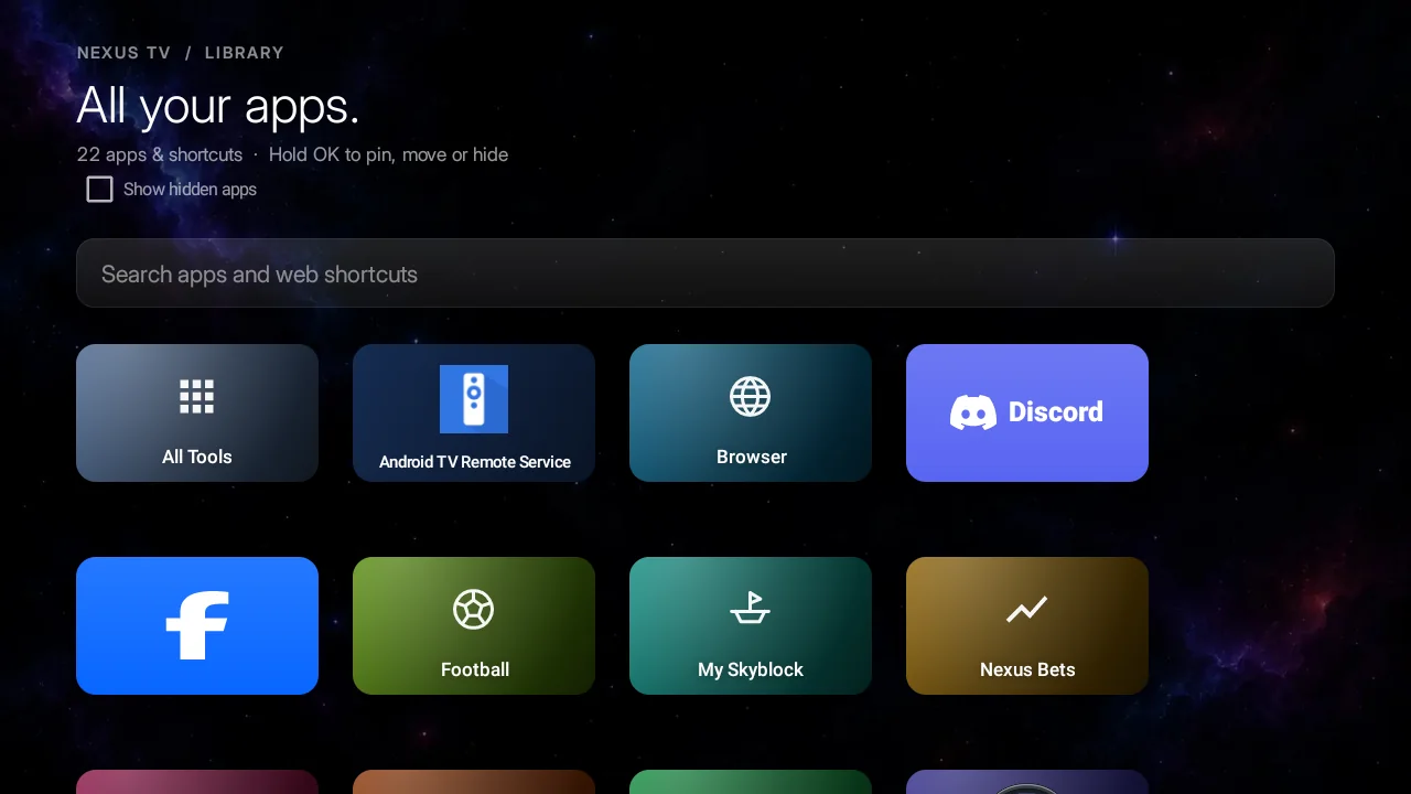 The Nexus TV app library with search